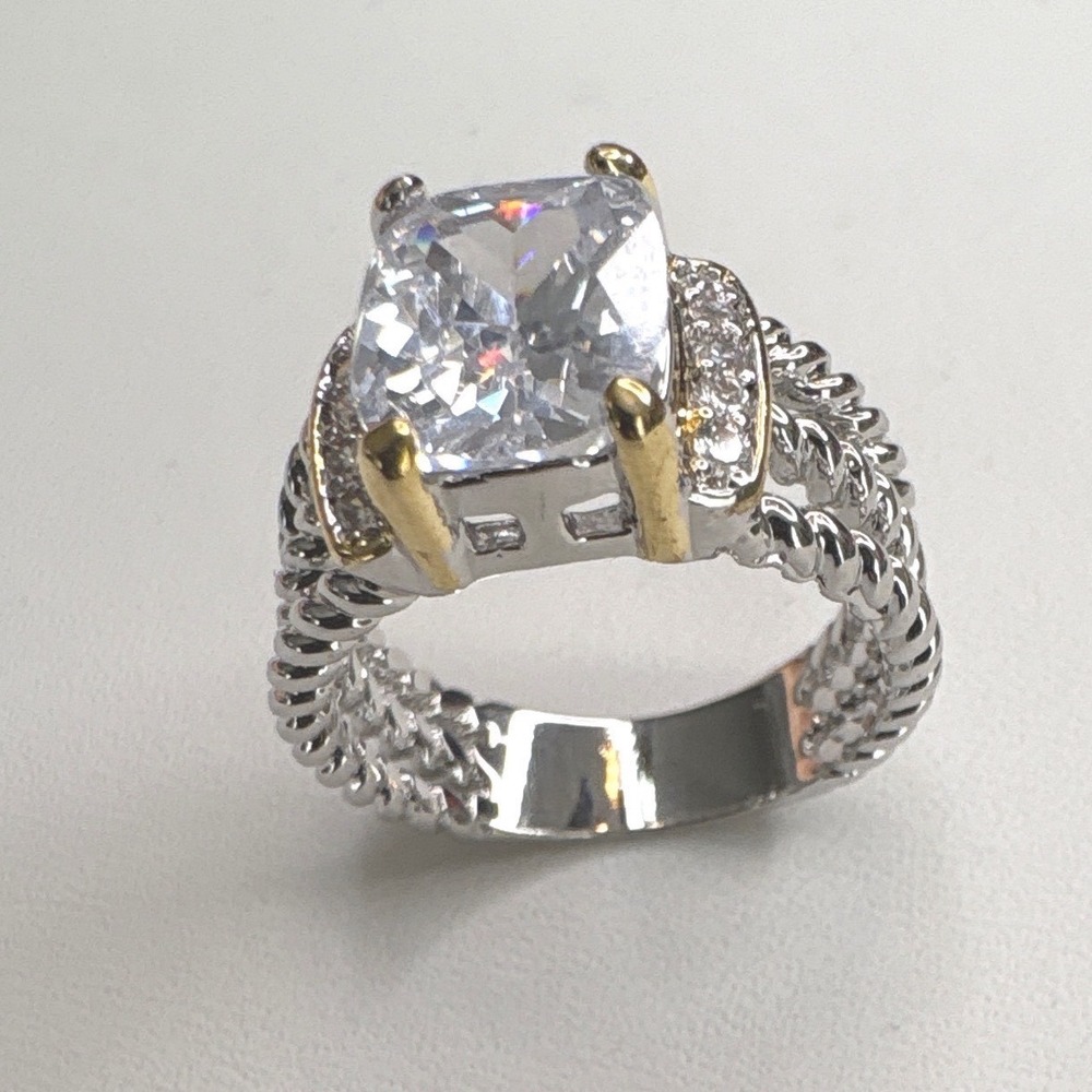 18k Gold Filled CZ Twisted Rope Triple Silver Band Statement Ring Size 6.25